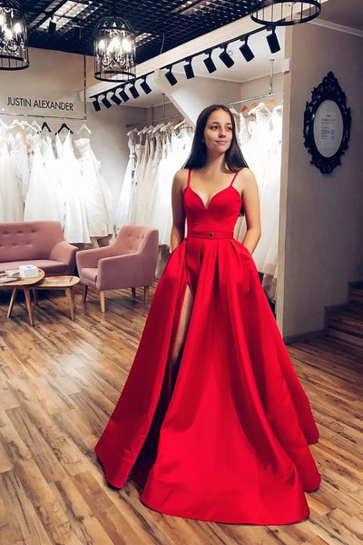 Red Satin A-line V-neck Spaghetti Straps Long Prom Dress with Slit PDA603 | ballgownbridal