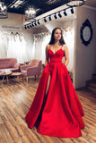 Red Satin A-line V-neck Spaghetti Straps Long Prom Dress with Slit PDA603 | ballgownbridal