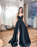 Red Satin A-line V-neck Spaghetti Straps Long Prom Dress with Slit PDA603 | ballgownbridal