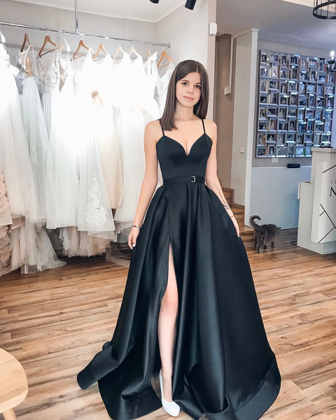 Red Satin A-line V-neck Spaghetti Straps Long Prom Dress with Slit PDA603 | ballgownbridal