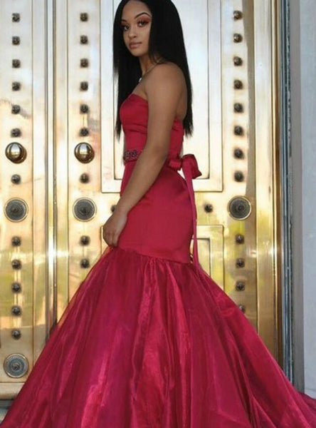 Pink Mermaid Satin Organza Strapless Prom Dress DF5468