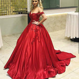 Red Sweetheart Off Shoulder Satin Appliques Ball Gown Prom Dresses BG5487