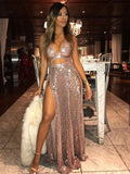 Sexy A-Line Sequin Side Slit Sleeveless Prom Dresses, Evening Dress SJ211173