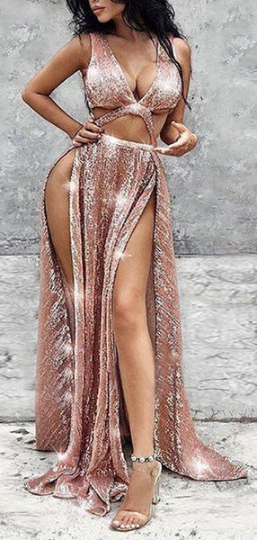 Sexy A-Line Sequin Side Slit Sleeveless Prom Dresses, Evening Dress SJ211173