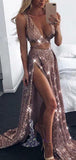 Sexy A-Line Sequin Side Slit Sleeveless Prom Dresses, Evening Dress SJ211173