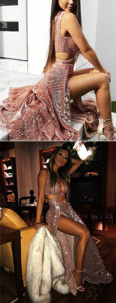 Sexy A-Line Sequin Side Slit Sleeveless Prom Dresses, Evening Dress SJ211173