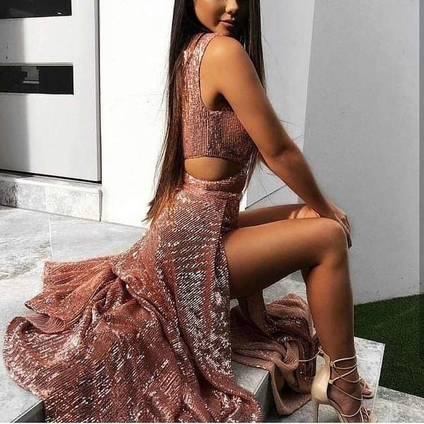 Sexy A-Line Sequin Side Slit Sleeveless Prom Dresses, Evening Dress SJ211173