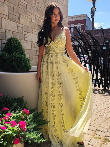 A Line V Neck Sequin Appliques Yellow Long Prom Dresses BQ0906