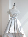 Elegant Satin Off-Shoulder Short Prom Dress With Lace, Homecoming Dress SJ210918