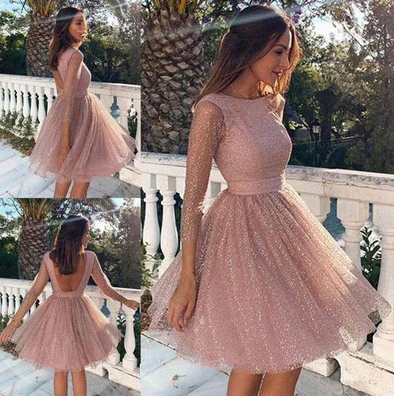 Sparkly Backless Long Sleeve Prom Short Dress With Sequins, Homecoming Dress SJ2109228