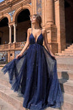 Blue A-Line Spaghetti Straps Backless Long Prom Dress With Sequins, Evening Dress ZIK001