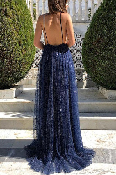 Blue A-Line Spaghetti Straps Backless Long Prom Dress With Sequins, Evening Dress ZIK001