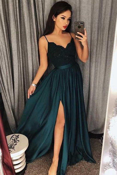 Sexy Dark Green V-Neck Slit Side Lace Prom Dress, Evening Dres SJ211027