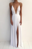 Sexy V-Neck Backless Spaghetti Strap Prom Dress With Front Split, Evening Dress SJ211032