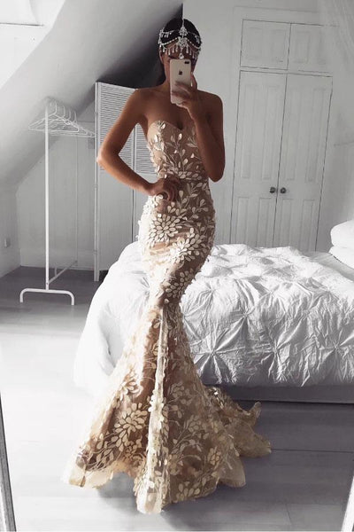 Mermaid Backless Sweetheart Strapless Appliques Prom Dress UC2801
