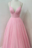 Shiny A Line V Neck Backless Pink Long Prom Dress, Evening Dress SJ211158
