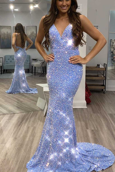 Shiny Spaghetti Strap Backless Mermaid Prom Dress With Sequins SJ211007
