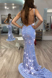 Shiny Spaghetti Strap Backless Mermaid Prom Dress With Sequins SJ211007