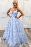 Shiny Sequins V Neck Light Blue Long Prom Dress, Evening Dress SJ211157