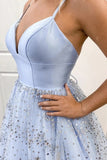 Shiny Sequins V Neck Light Blue Long Prom Dress, Evening Dress SJ211157