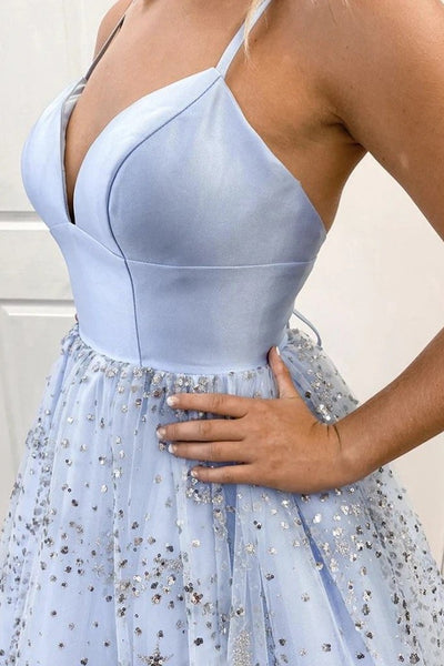 Shiny Sequins V Neck Light Blue Long Prom Dress, Evening Dress SJ211157