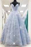 Shiny Sequins V Neck Light Blue Long Prom Dress, Evening Dress SJ211157