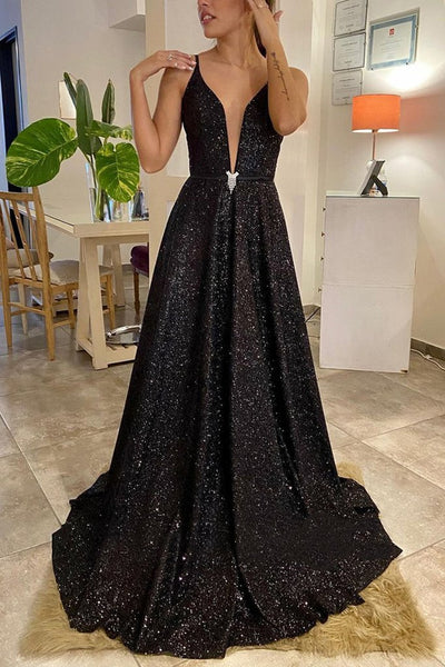 Shiny V Neck Backless Black Long Prom Dress With Sequins, Evening Dress SJ211147