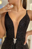 Shiny V Neck Backless Black Long Prom Dress With Sequins, Evening Dress SJ211147