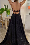 Shiny V Neck Backless Black Long Prom Dress With Sequins, Evening Dress SJ211147