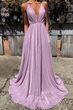 Shiny A-line Deep V Neck Lace Up Prom Dresses XP1127