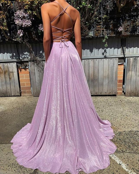 Shiny A-line Deep V Neck Lace Up Prom Dresses XP1127