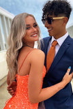 Mermaid Orange Sequin High Slit Spaghetti Straps Prom Dresses OG2540
