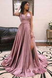 A Line Pink Stain Long Prom Dress With Split, Evening Dress ZIK003