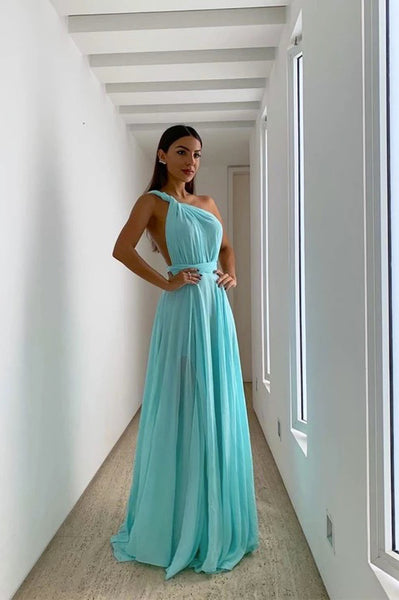 Simple Blue Chiffon One Shoulder Long Prom Dress PDA591 | ballgownbridal