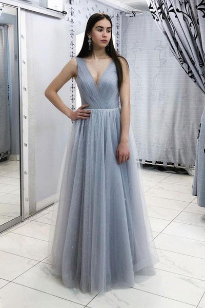Simple Gray Tulle Long Halter Senior Prom Dress PDA588 | ballgownbridal