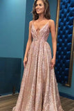 Simple A-Line Open Back Sleeveless Spaghetti Straps Sequins Prom Dress ZIK002