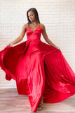 Simple Red Satin Halter V-Neck A-Line Sweep Train Long Prom Dress PDA569 | ballgownbridal