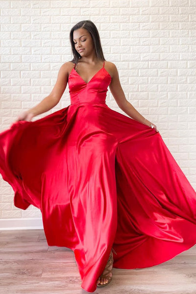 Simple Red Satin Halter V-Neck A-Line Sweep Train Long Prom Dress PDA569 | ballgownbridal