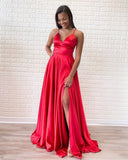 Simple Red Satin Halter V-Neck A-Line Sweep Train Long Prom Dress PDA569 | ballgownbridal
