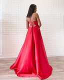 Simple Red Satin Halter V-Neck A-Line Sweep Train Long Prom Dress PDA569 | ballgownbridal