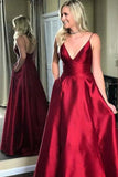 A-Line V-Neck Red Spaghetti Straps Long Prom Dresses, Evening Dress SJ211059
