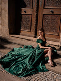 Simple Off Shoulder Satin Green Side Slit Long Prom Dress JS1278