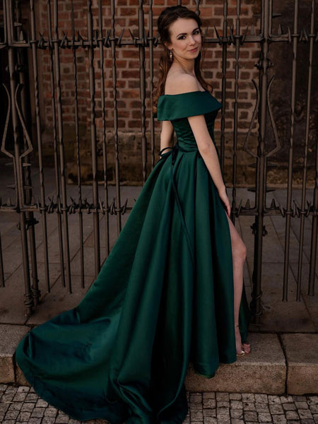 Simple Off Shoulder Satin Green Side Slit Long Prom Dress JS1278