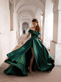 Simple Off Shoulder Satin Green Side Slit Long Prom Dress JS1278