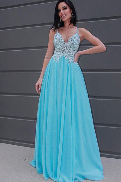 Sky Blue A-Line Lace Chiffon Long Prom Dress, Evening Prom Dresses SJ211134