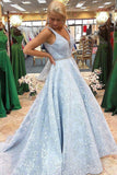 Sky Blue Floral Lace V Neck Long Prom Dress PDA552 | ballgownbridal
