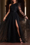 Green Slit Side See-Through One Sleeve Prom Dress ZL3395