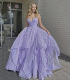 Spaghetti Straps V Neck Tulle Long Prom Dress With Ruffles SJ210915
