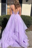 Spaghetti Straps V Neck Tulle Long Prom Dress With Ruffles SJ210915
