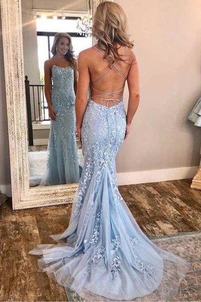 Spaghetti Strap Sky Blue Mermaid Prom Dresses Backless Formal Dress BM5390